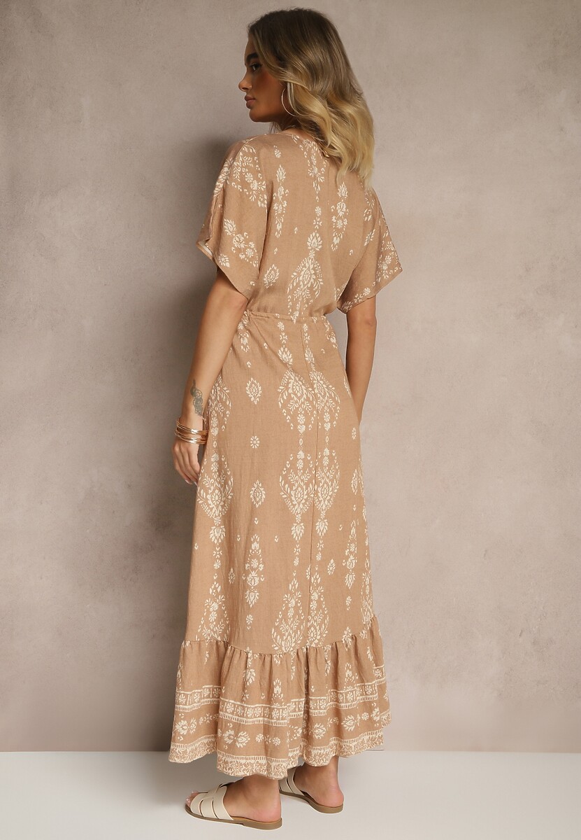 Ciemnobeżowa Rozkloszowana Sukienka z Falbanką w Print Boho z Wiskozą Tunova