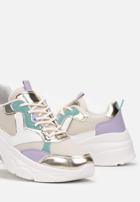 Beżowo-Złote Sneakersy na Grubej Podeszwie ze Wstawkami z Perforacją Lanya