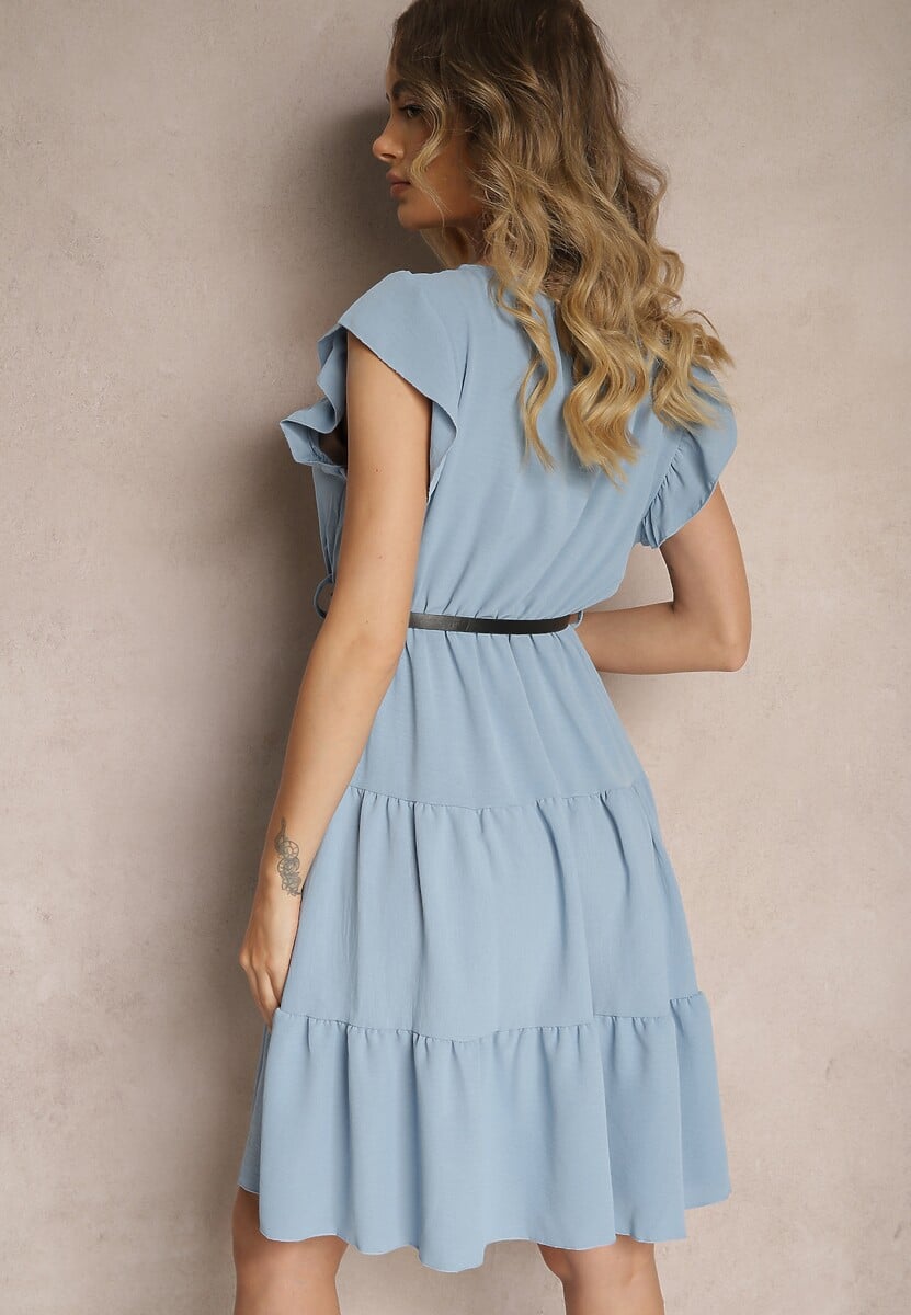 Niebieska Sukienka z Paskiem Theophena