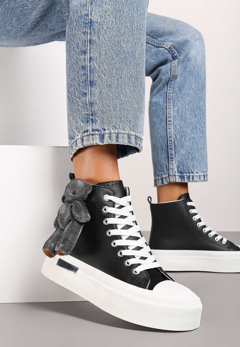 Czarne Trampki za Kostkę na Grubej Podeszwie z Aplikacją w Kształcie Misia Ivarina