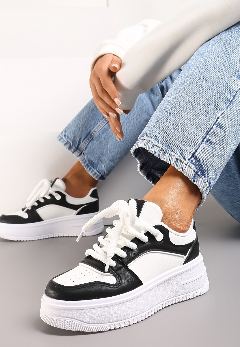 Biało-Czarne Sneakersy z Cholewką z Licznymi Wstawkami na Grubej Podeszwie Lenarise