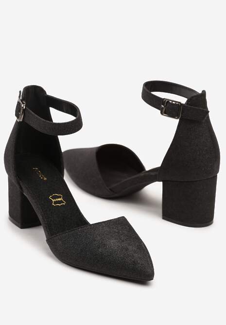Czarne Czółenka Vices Ozdobione Brokatem na Słupku ze Skórzaną Wkładką Ozdobione Brokatem Leanelith
