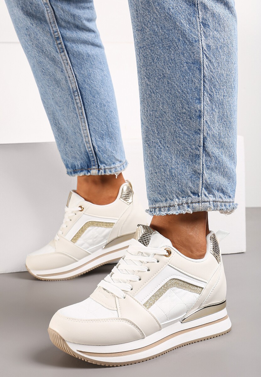 Beżowe Sneakersy na Ukrytym Koturnie Ozdobione Brokatem i Metaliczną Wstawką Infora