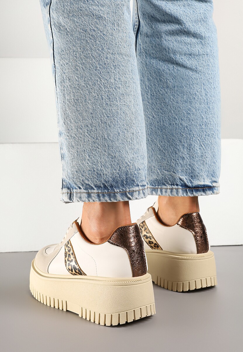 Beżowo-Panterkowe Sneakersy na Platformie Ozdobione Paskiem Vivesse