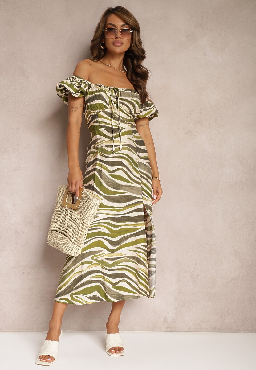 Ciemnozielona Sukienka z Bawełną i Wiskozą Ściągana przy Dekolcie Dimittha