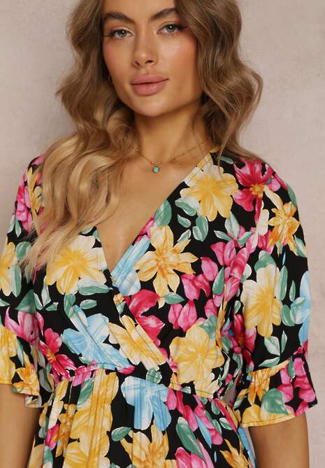 Czarno-Żółta Rozkloszowana Sukienka Mini z Kopertową Górą i Gumką w Talii z Wiskozy Elidi