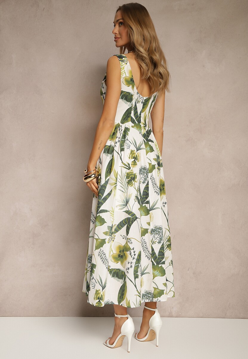 Biała Sukienka w Roślinny Wzór z Bawełny o Rozkloszowanym Kroju Korlio