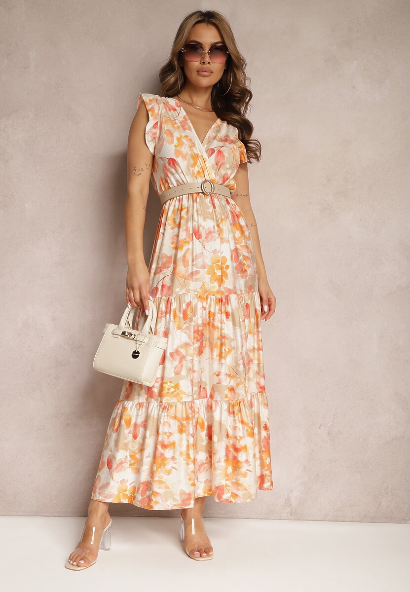 Beżowa Sukienka Wiązana z Tyłu z Trójkątnym Dekoltem i Gumką w Talii Fiolarae