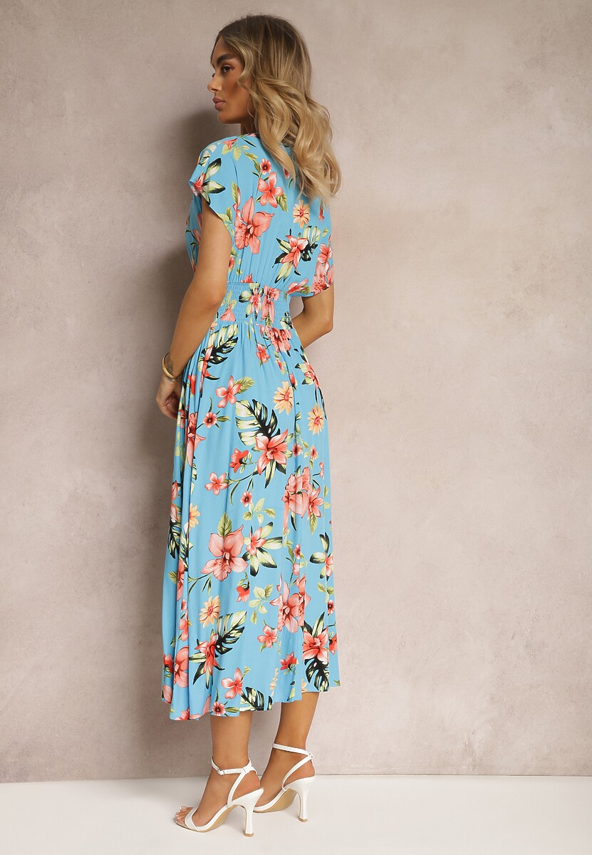 Niebieska Kopertowa Sukienka w Kwiaty z Gumką w Talii Nobbia