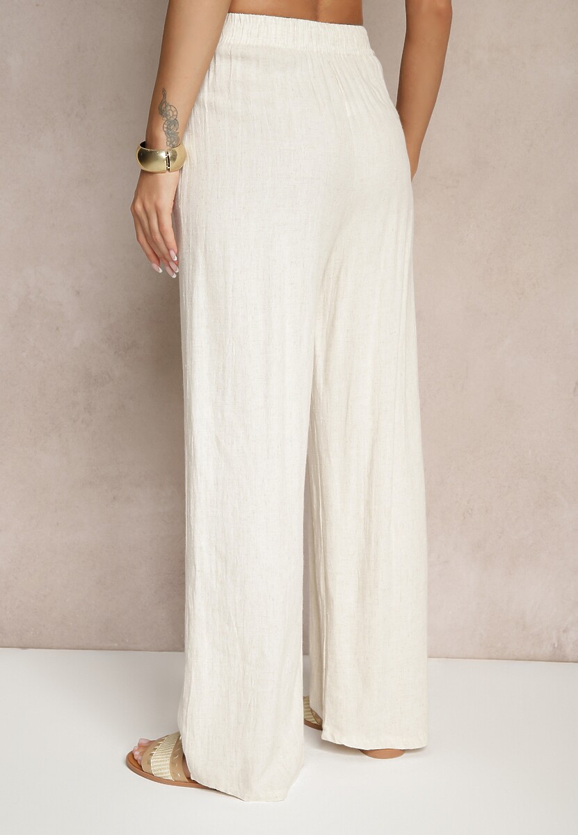 Beżowe Spodnie z Lnem i Bawełną o Szerokim Kroju High Waist Sallieta