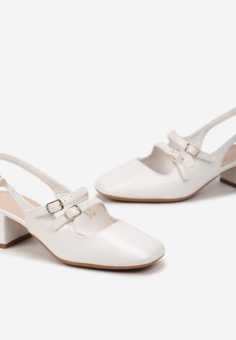 Białe Czółenka z Imitacji Skóry ze Sprzączkami na Niskim Słupku Anelive