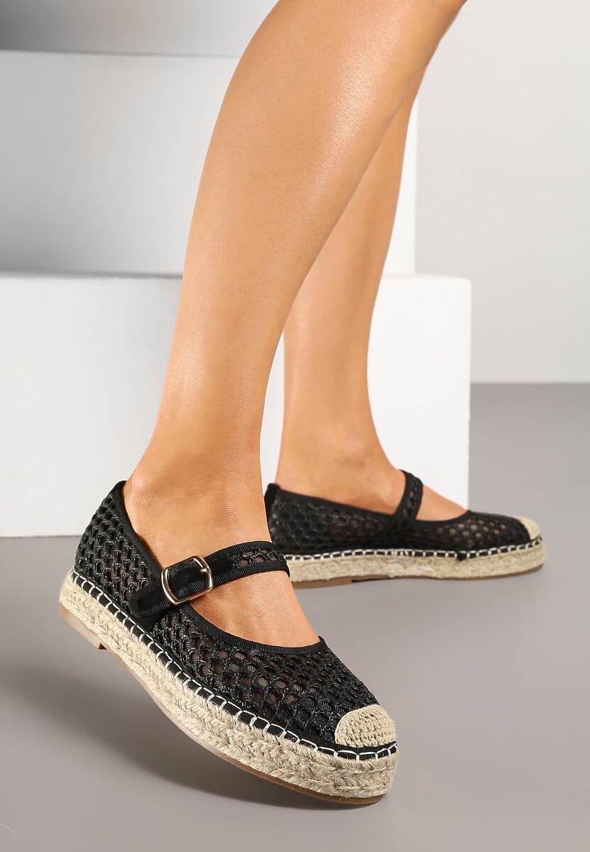 Czarne Siateczkowe Espadryle na Podeszwie z Juty Zapinane na Sprzączkę Geniffia