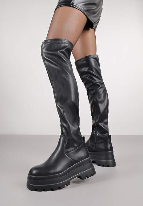 Czarne Wysokie Kozaki Vices w Stylu Chunky z Dopasowaną Cholewką Ceterie