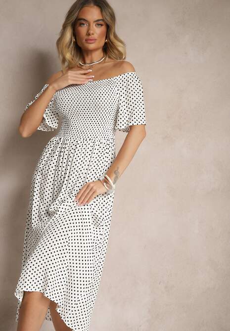 Biała Bawełniana Sukienka o Rozkloszowanym Kroju Zdobiona Printem w Groszki Lisanovia