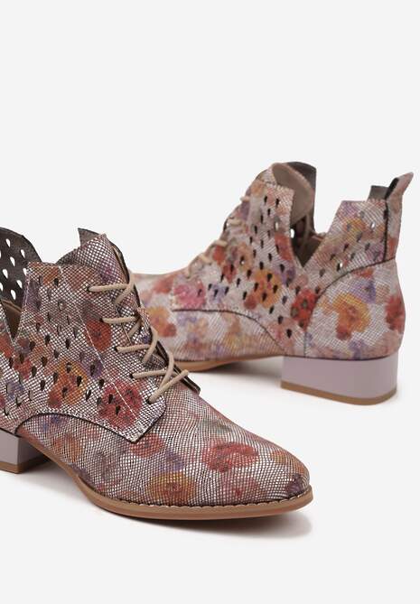 Szaro-Czerwone Botki ze Skórzaną Wkładką i Ażurowym Wzorem Nantiela