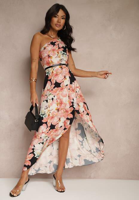 Czarna Asymetryczna Sukienka z Wiskozy w Kwiaty Linive