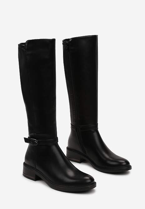 Czarne Kozaki na Płaskim Obcasie Muszkieterki z Klamrą Callela