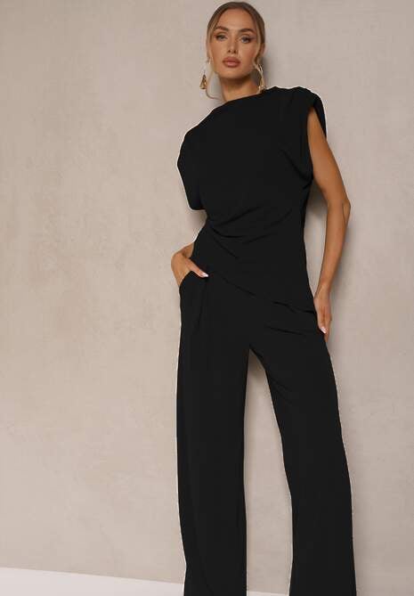 Czarny Komplet Bluzka z Poduszkami w Ramionach i Proste Spodnie z Gumką w Pasie Divanes