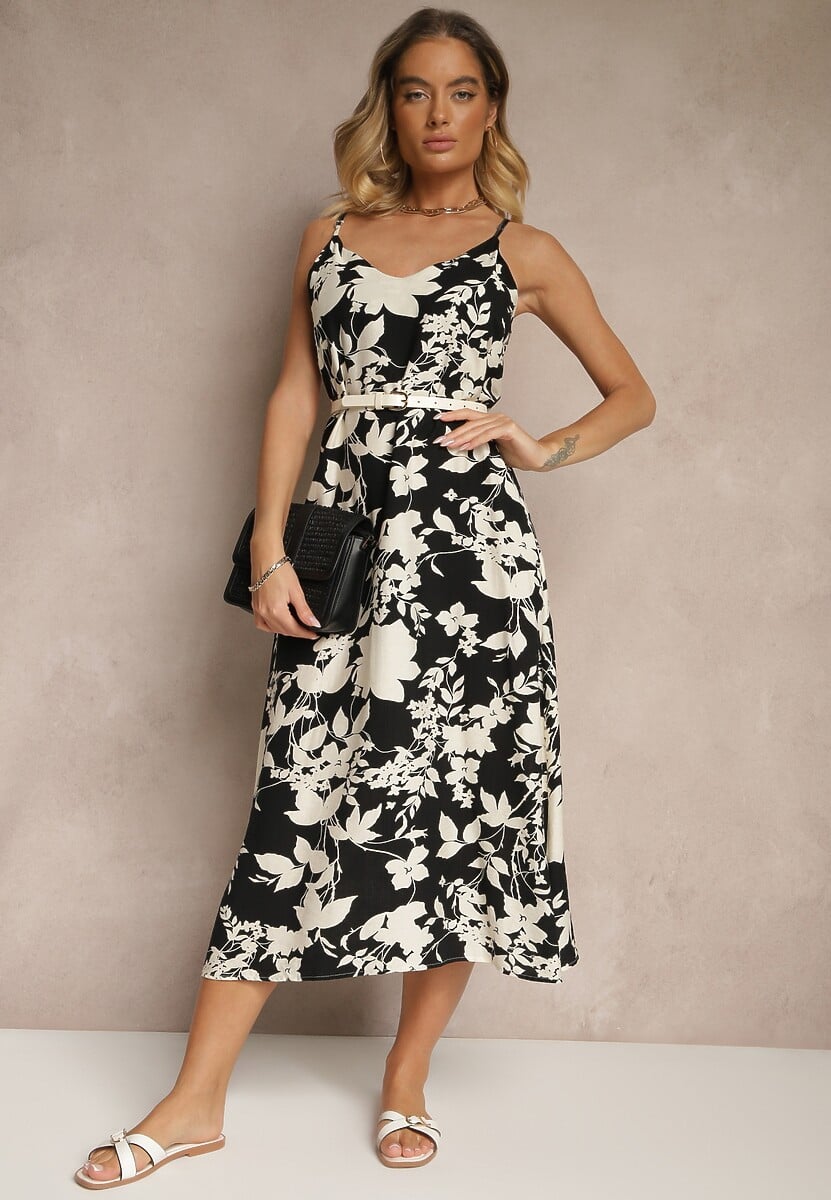 Czarno-Kremowa Sukienka z Wiskozą o Rozkloszowanym Kroju w Kwiaty Thirimi