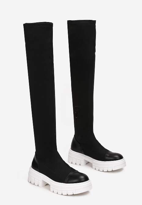 Czarno-Białe Kozaki za Kolano z Elastyczną Cholewką Penthiche