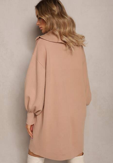 Beżowa Dzianinowa Sukienka Mini z Suwakiem i Golfem Tisari