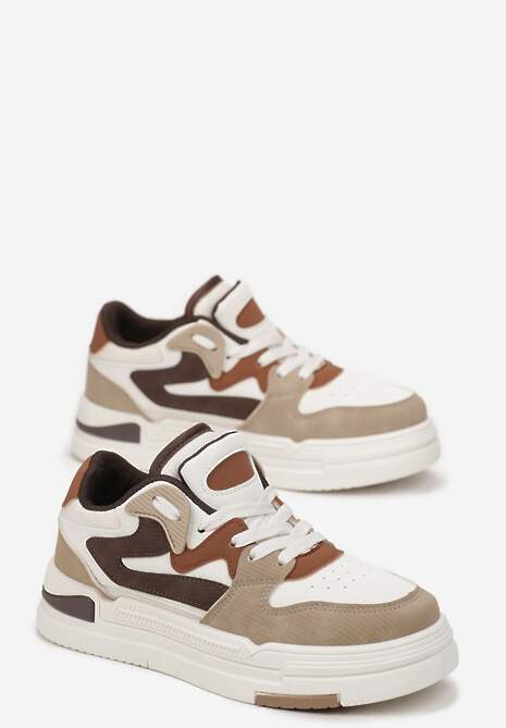 Ciemnobeżowe Sneakersy Ozdobione Wstawkami i Perforacją z Imitacji Skóry Cressia
