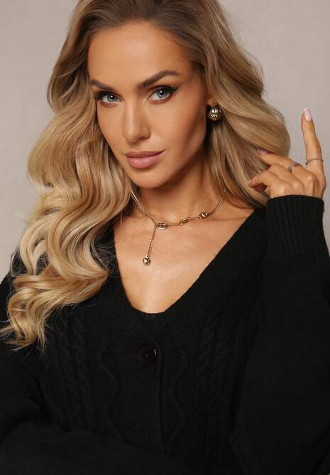 Czarny Prążkowany Komplet Dzianinowy z Sukienką i Kardiganem Nalindrie