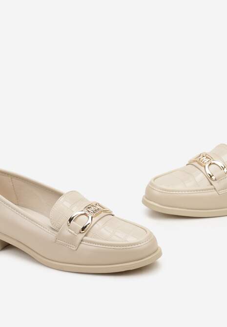 Beżowe Mokasyny Ozdobione Tłoczeniem na Wzór Skóry Krokodyla i Klamrą Viella