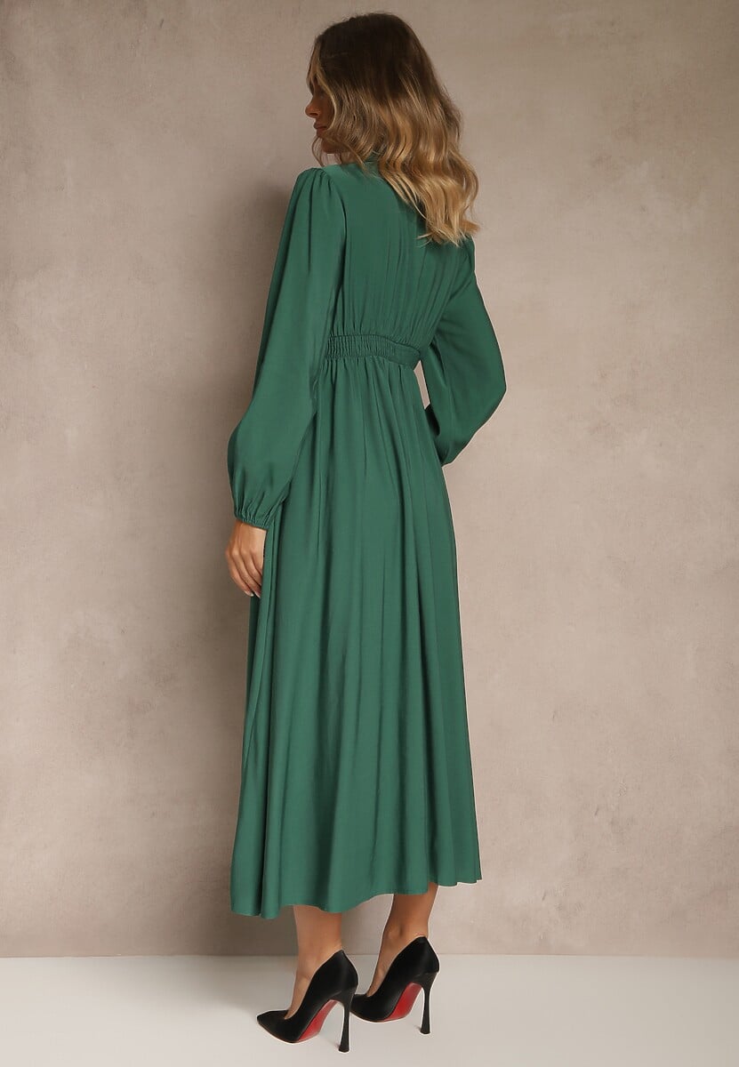 Zielona Sukienka Plisowana z Wiskozy Ozdobiona Wiązaniem Farrive