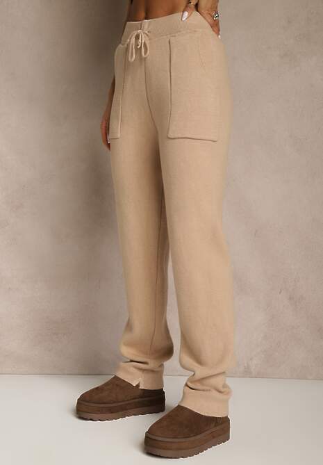 Ciemnobeżowe Spodnie z Wełną ze Sznurkiem i Ozdobnymi Kieszeniami Moneressa