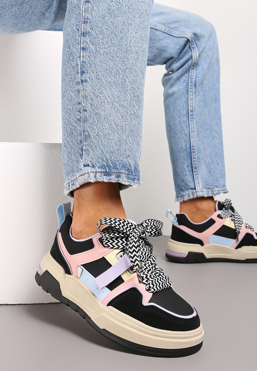 Czarne Sneakersy na Płaskiej Podeszwie z Grubymi Sznurówkami i Przeszyciami Joliat