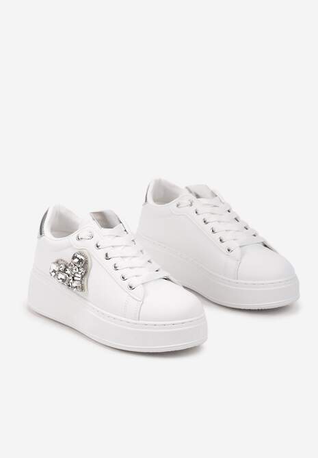 Biało-Srebrne Sneakersy na Grubej Platformie z Cyrkoniową Naszywką w Kształcie Serca Remila