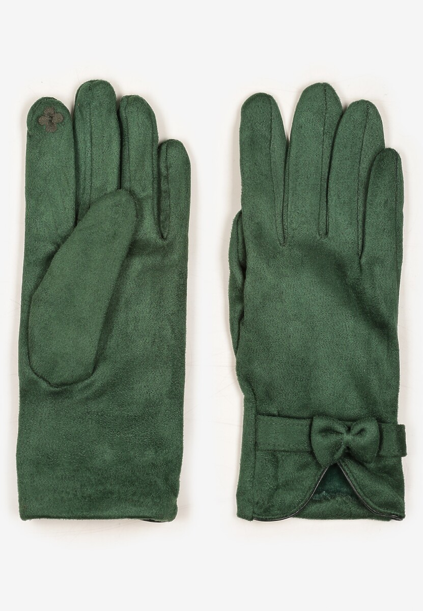Zielone Rękawiczki Dzianinowe z Bawełną Ozdobione Kokardą Tessemi