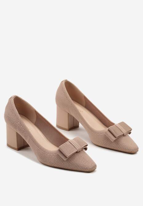 Ciemnobeżowe Czółenka na Niskim Słupku z Ozdobną Kokardką i Wyściółką z Ekoskóry Risala