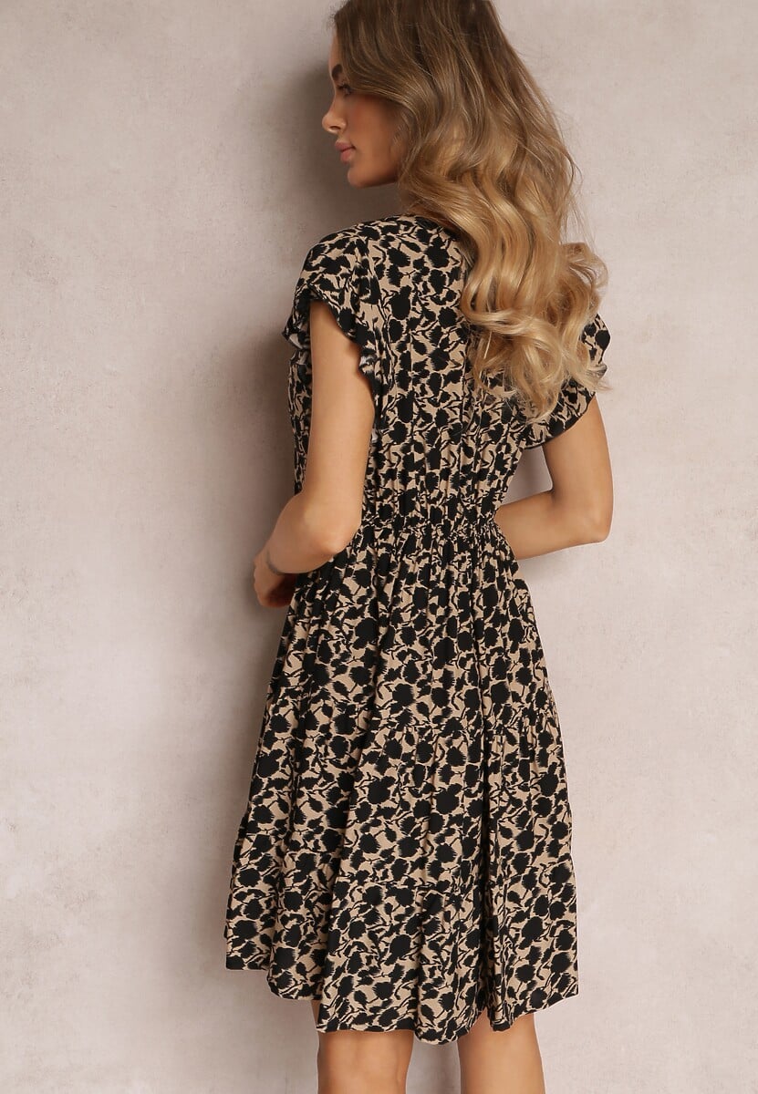 Czarno-Beżowa Rozkloszowana Sukienka z Wiskozy z Falbankami Tuls