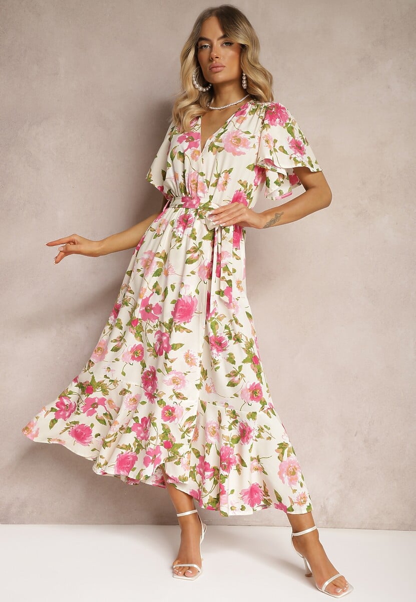 Beżowo-Różowa Kopertowa Rozkloszowana Sukienka z Falbaną i Gumką w Pasie Przewiązana Paskiem Iratia