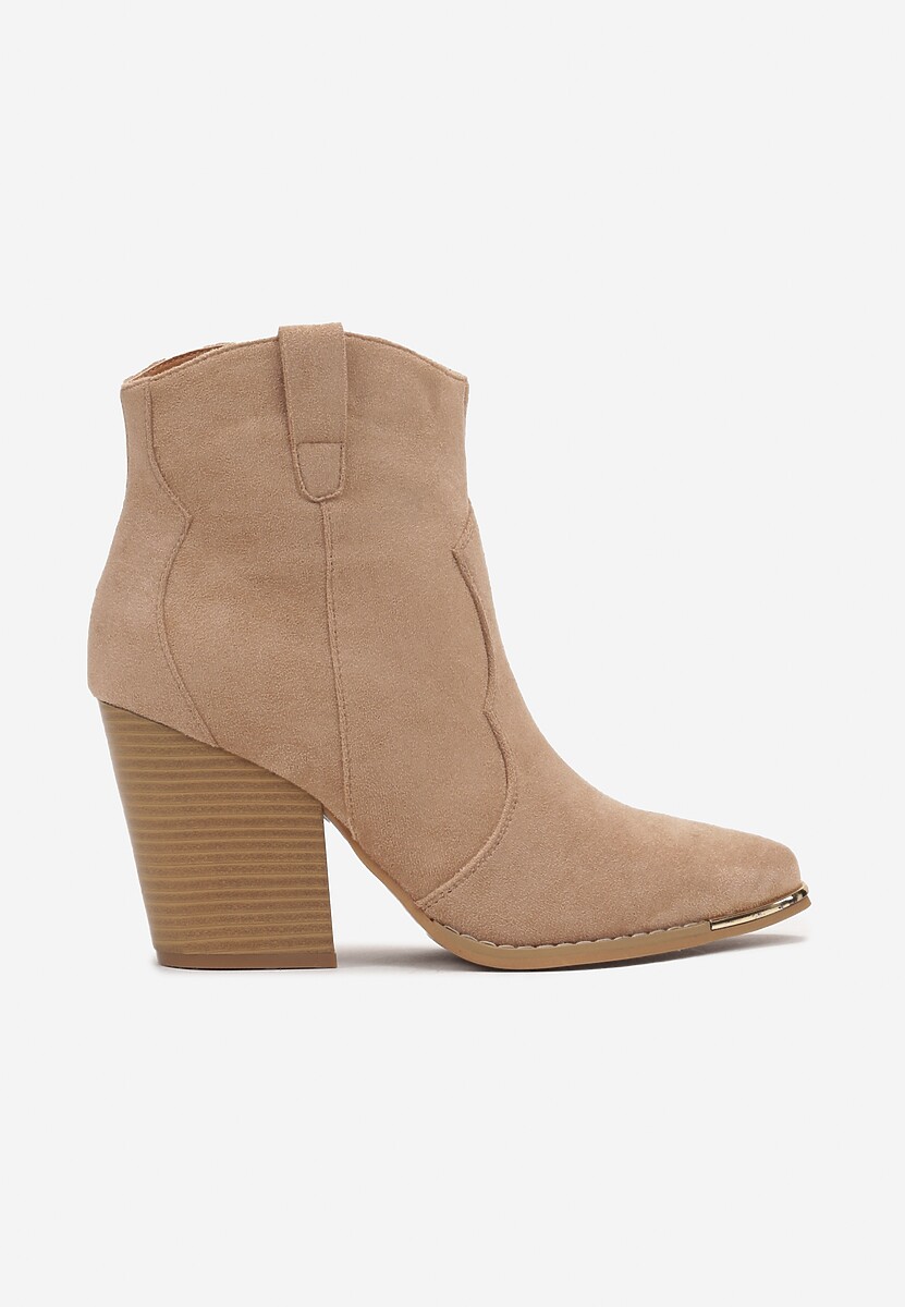 Ciemnobeżowe Botki na Stożkowym Obcasie w Stylu Kowbojek Ellite