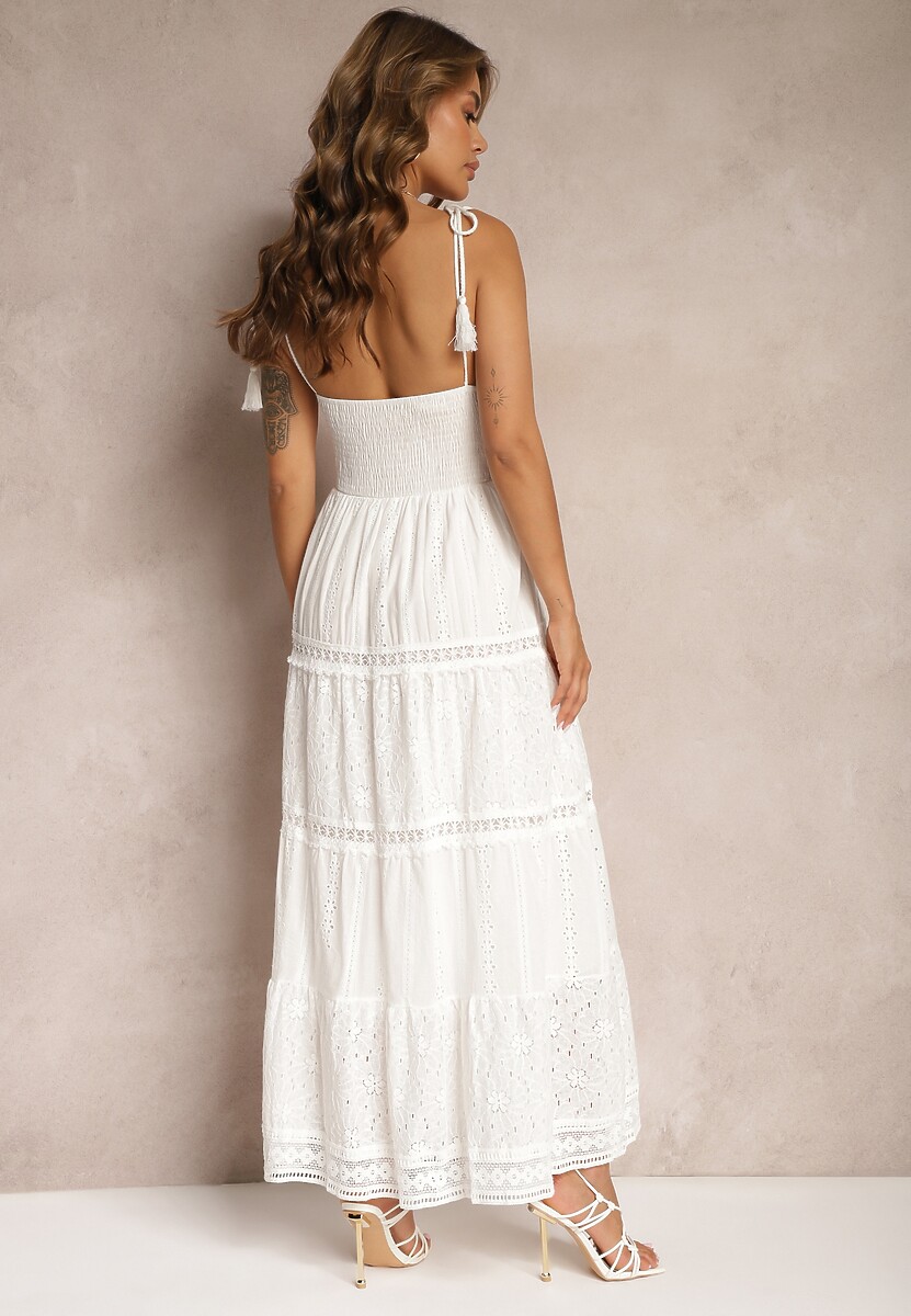 Biała Szydełkowa Sukienka Maxi z Ozdobnym Haftem i Falbanką Eshade