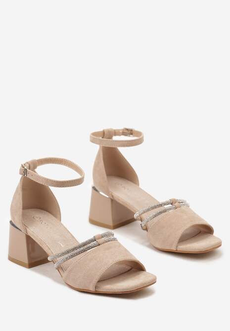 Beżowe Sandały ze Sprzączką i Skórzaną Wkładką na Słupku Ozdobione Cyrkoniami Atrive