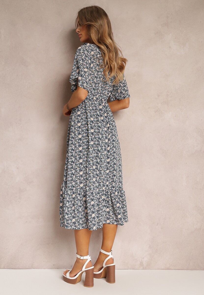 Granatowa Sukienka Midi z Falbankami Kopertowym Dekoltem i Gumką w Pasie Denila