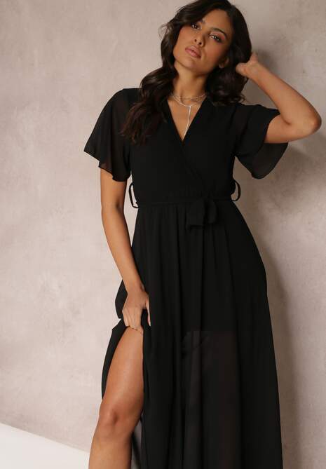 Czarna Plisowana Sukienka z Kopertowym Dekoltem i Gumką w Talii Dimitris
