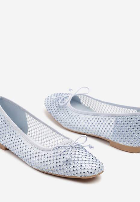 Niebieskie Siateczkowe Balerinki z Delikatnymi Cyrkoniami i Kokardką Senirithra