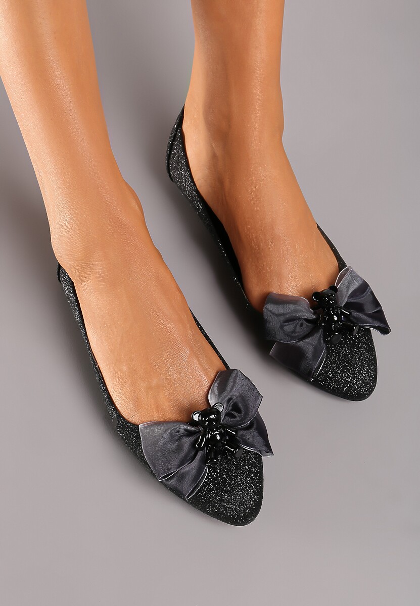 Czarne Brokatowe Balerinki na Płaskiej Podeszwie z Kokardą Lotisha