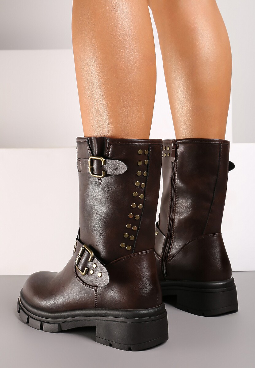 Ciemnobrązowe Motocyklowe Botki Ozdobione Nitami i Klamrami przy Cholewce Ezirra