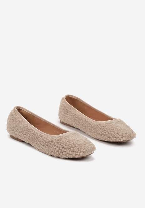 Beżowe Balerinki na Płaskiej Podeszwie z Futerkiem w Stylu Barankowym Zdobieniem Armegia