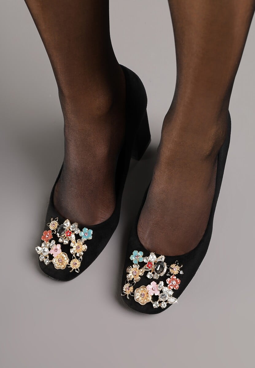 Czarne Czółenka Vices na Obcasie z Klamerką z Kryształków i Skórzaną Wkładką Arutia