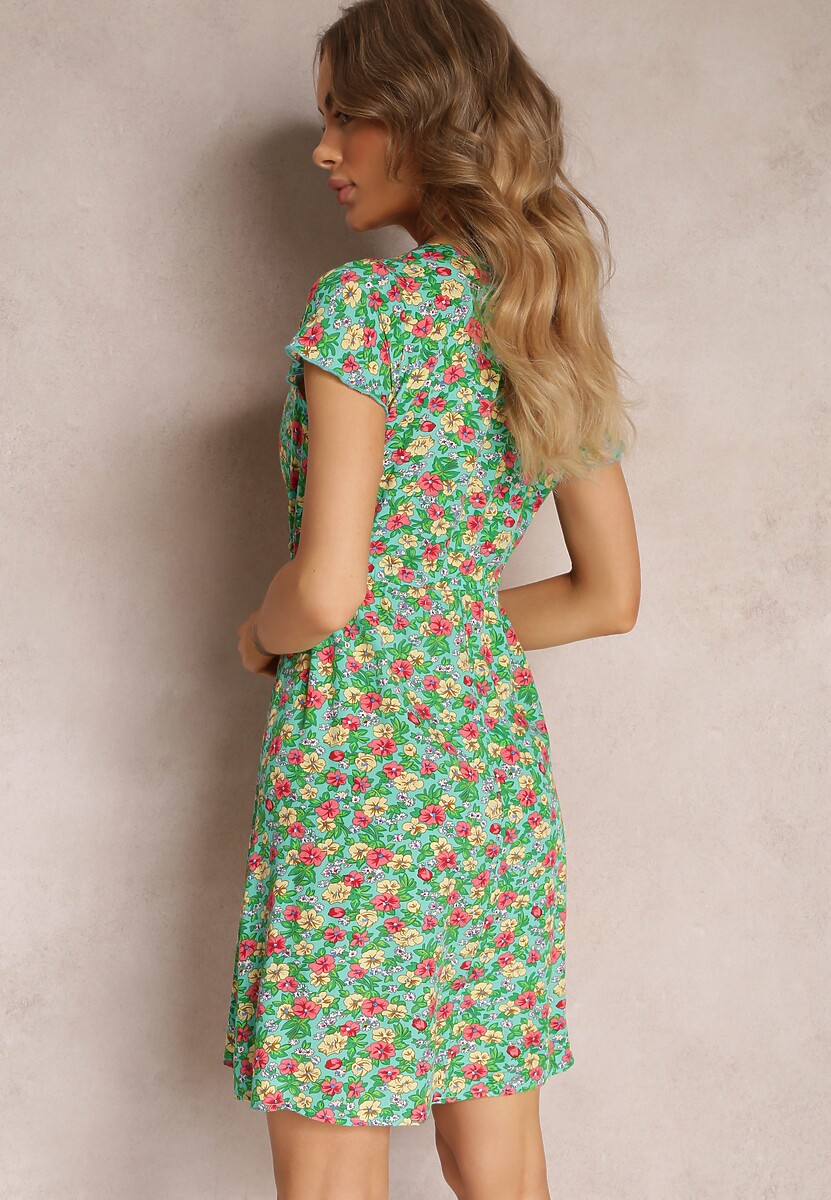 Miętowo-Zielona Kwiecista Sukienka Mini z Wiskozy z Krótkim Rękawem Ayela