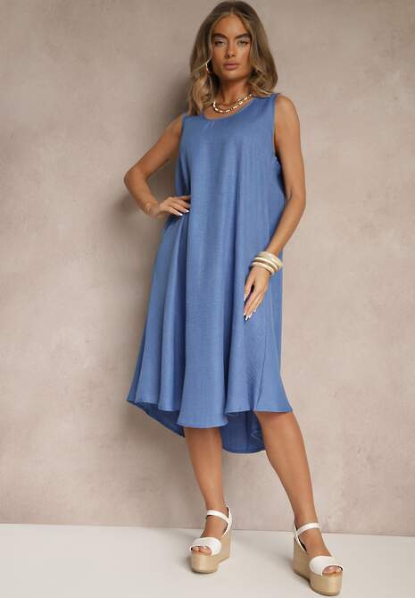 Niebieska Basicowa Sukienka o Rozkloszowanym Kroju Mevolira