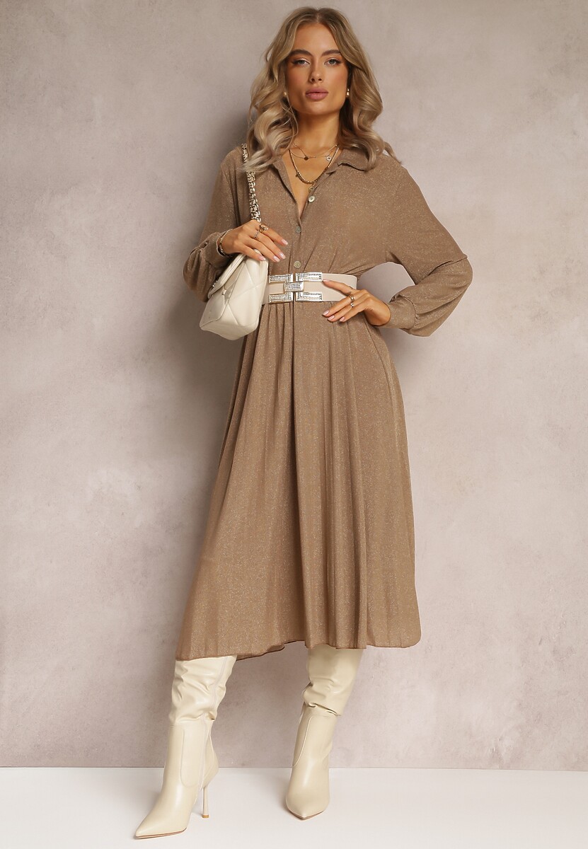 Beżowa Sukienka z Kołnierzykiem i Plisowanym Dołem Zade