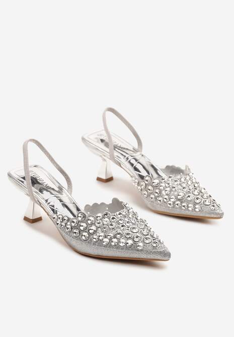 Srebrne Sandały z Kryształkami na Obcasie Kaczuszka Lenavia